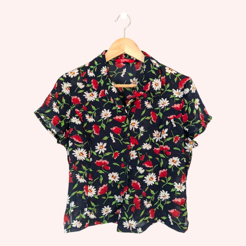 💙❤️ Vintage 90s Esprit Floral Sheer Cropped Button Up Blouse, S/M